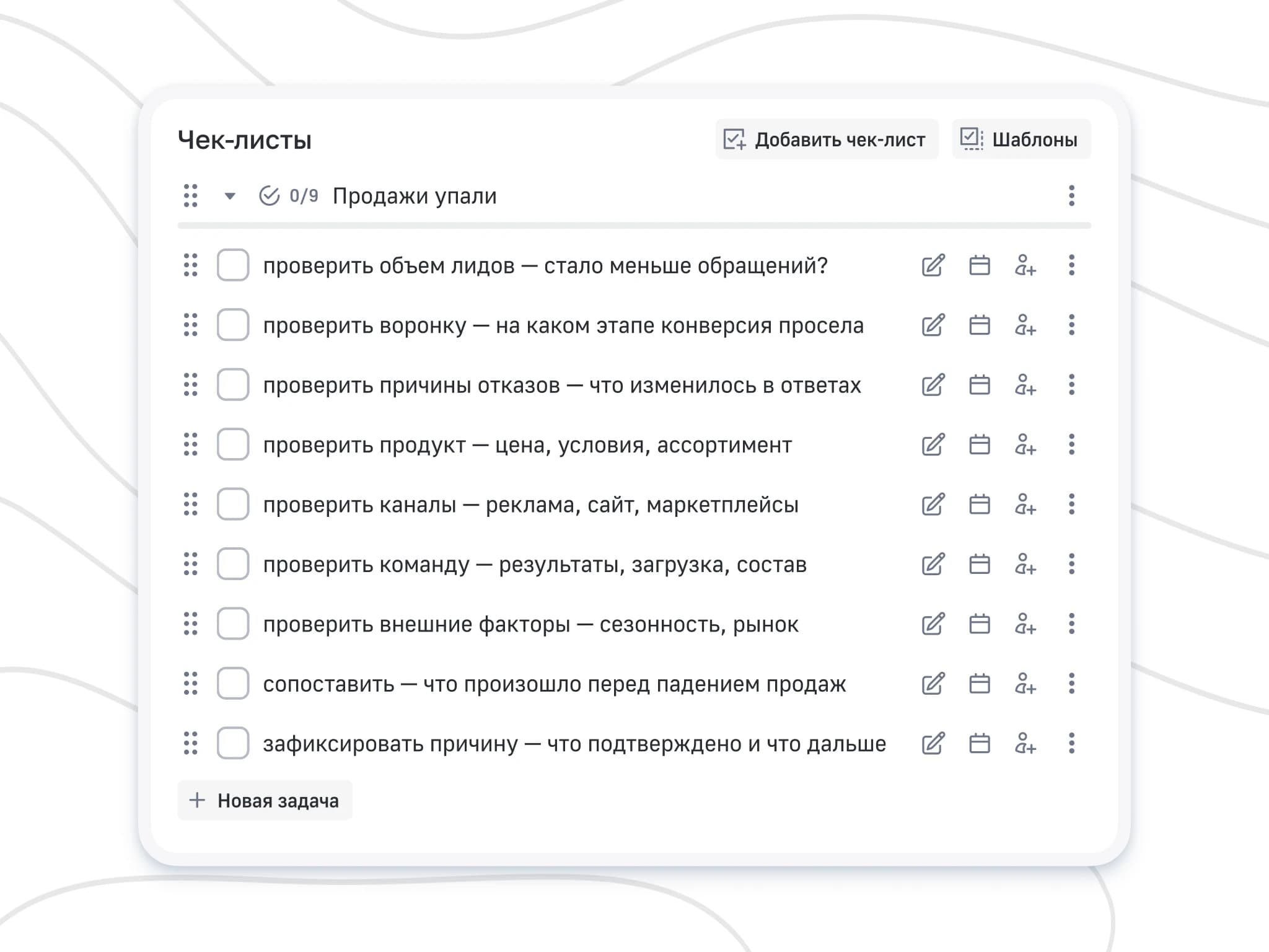Диагностический чек-лист «Продажи упали» в карточке задачи taskITnow